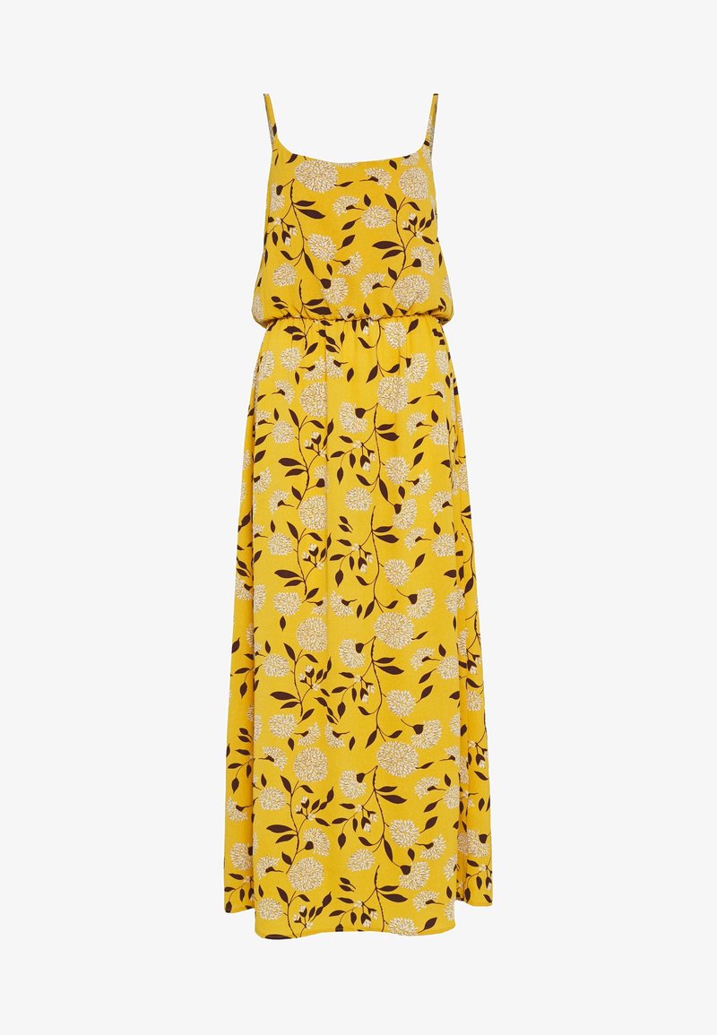 Robe maxi jaune sans manches avec fines bretelles, imprimé floral blanc et feuillage marron, avec taille froncée.