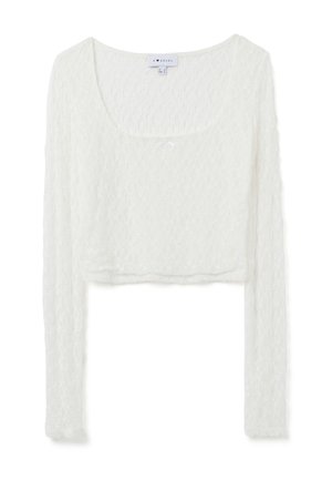 Cropped long-sleeve top in white lace, featuring a scoop neckline and a textured pattern. Lightweight fabric with a soft feel.