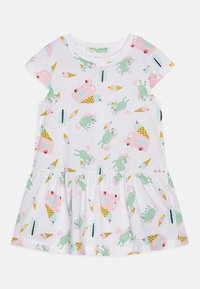 Robe à manches courtes en coton blanc, ornée d'un motif ludique d'animaux roses, de cornets de glace et d'accents verts, avec une jupe évasée.