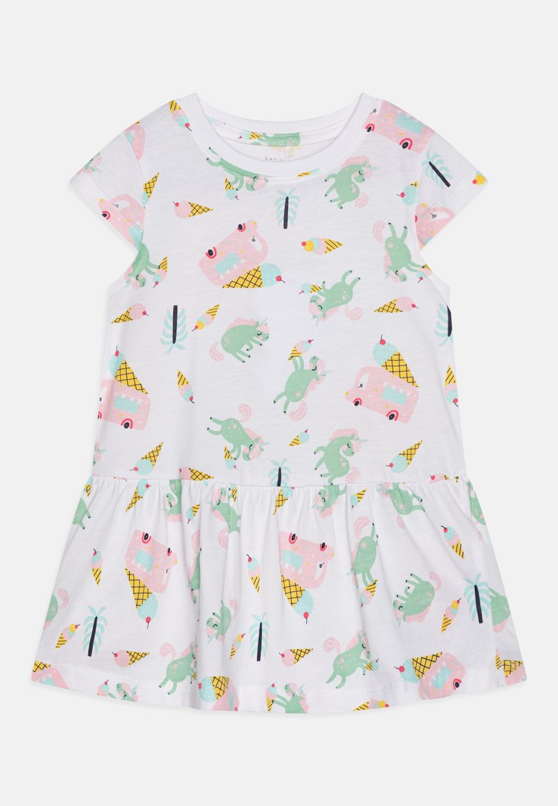Robe à manches courtes en coton blanc, ornée d'un motif ludique d'animaux roses, de cornets de glace et d'accents verts, avec une jupe évasée.