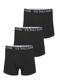 Črne bombažne bokserice v paketu treh, z belim elastičnim pasom, na katerem je v črni barvi natisnjeno "U.S. POLO ASSN.".