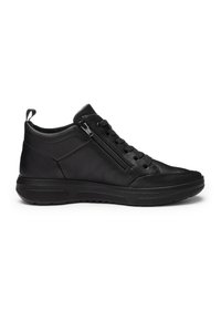 Black leather sneaker with side zipper, lace-up front, padded collar, and rubber sole, shown in profile on white background.