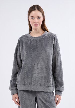 Szary polarowy sweter o prążkowanej teksturze, okrągłym dekolcie i długich rękawach. Charakteryzuje się luźnym krojem i miękkim, pluszowym materiałem.