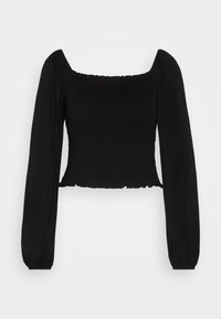 Top corto nero con scollatura quadrata, corpetto arricciato e maniche a sbuffo. Il materiale appare liscio con dettagli texture lungo le cuciture.