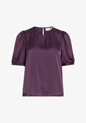 Blouse courte en satin violet à manches courtes bouffantes et col rond, avec une petite fermeture à bouton au dos.