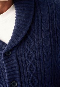 Cardigan lavorato a maglia di colore blu navy, con colletto a coste, intricati motivi a treccia e bottoni neri, che mette in risalto una texture morbida e una lavorazione dettagliata.