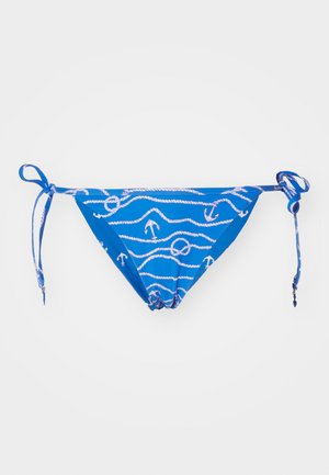 Parte inferiore di bikini blu con motivi di onde e ancore bianchi. Presenta lacci regolabili ai lati per una vestibilità personalizzabile. Realizzato in tessuto per costumi da bagno.