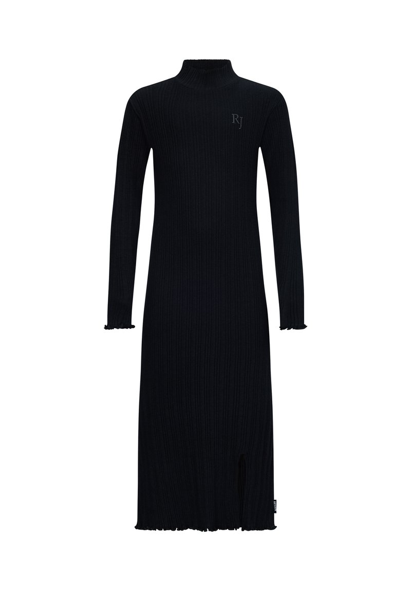 Schwarzes, geripptes Strickkleid mit einem Stehkragen, langen Ärmeln, Seitenschlitz und rüschengeschmücktem Saum. Verfügt über ein kleines Logo auf der Brust.