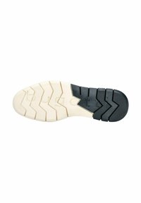 Suola in gomma per sneaker caratterizzata da una combinazione di colori bianco e nero, superficie testurizzata e motivo a zigzag per una migliore aderenza.