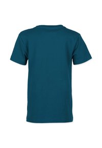 Teal lyhytrandainen t-paita, pyöreä kaula-aukko, valmistettu puuvillasta, sileä rakenne. Yksivärinen takapuoli ilman kuvioita tai grafiikkaa.