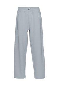 Lichtgrijze, wijde broek met een textuurstof, elastische tailleband en twee voorzakken. Het ontwerp is losjes passend voor extra comfort.