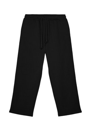 Zwarte broek met wijde pijpen, elastische tailleband en trekkoord, plat gelegd op een witte achtergrond.