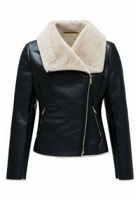 Giacca di pelle nera con un colletto in pelliccia sintetica beige, caratterizzata da una zip diagonale e due tasche laterali con zip. Tessuto liscio, vestibilità su misura.