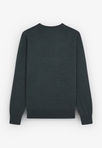 Donkergrijze, lange mouwen trui met een ronde halslijn, geribde boorden en een gladde textuur. Eenvoudig ontwerp zonder zichtbare patronen of accenten.