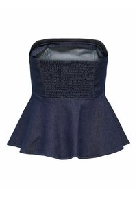 Denim peplum top z združenim bodicem, temno modre barve, z razširjenim robom in strukturiranim ovratnikom, ki ima gladko teksturo in zadrgo.