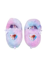 Pantofole morbide per bambini in tonalità pastello viola e blu con toppe a forma di personaggio fatato a forma di cuore e piccoli fiocchi di raso sulla parte superiore.