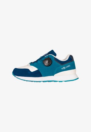 Blue and white Trollkids sneaker with a black dial closure system and thick white sole, shown in side profile on white background.