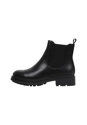 Bota baja Chelsea de cuero negro con paneles laterales elásticos, pestaña en la parte trasera y suela gruesa de goma.