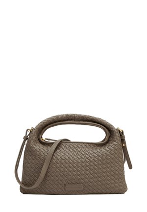 Woven leather handbag in taupe with a structured shape, featuring a top handle and a detachable shoulder strap. Gold hardware accents.