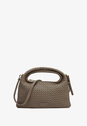 Woven leather handbag in taupe with a structured shape, featuring a top handle and a detachable shoulder strap. Gold hardware accents.