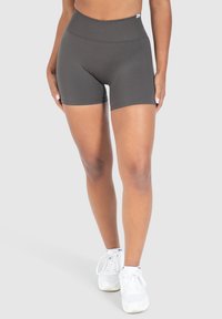 Hoge taille, donkergrijze sportshorts gemaakt van rekbare stof, met een naadloos ontwerp en een soepele textuur. Geschikt voor actieve kleding.