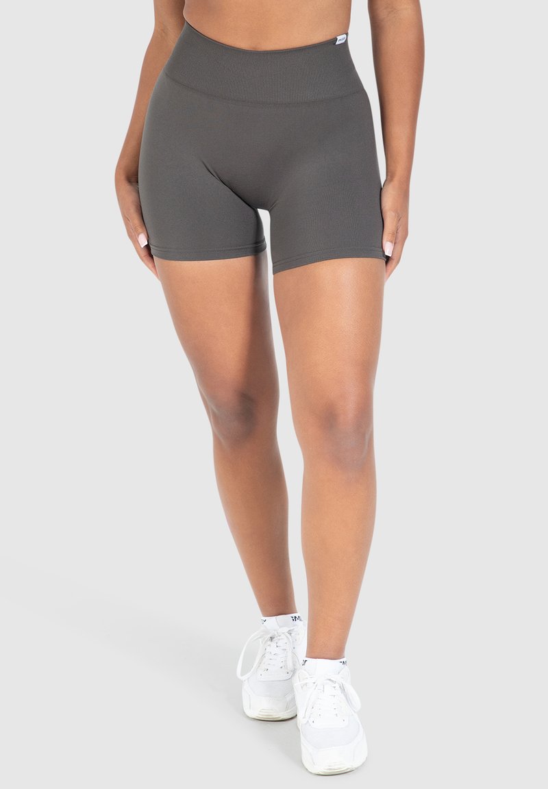 Hoge taille, donkergrijze sportshorts gemaakt van rekbare stof, met een naadloos ontwerp en een soepele textuur. Geschikt voor actieve kleding.