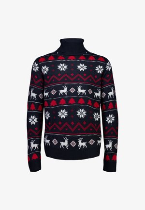 Schwarzer Rollkragenpullover mit roten und weißen festlichen Mustern, darunter Rentiere, Schneeflocken und Bäume, mit einer gestrickten Textur.