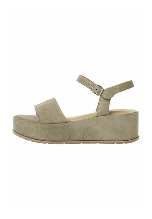 Green suede platform sandal with a wide strap across the toes, adjustable ankle strap, and lightweight rubber sole.