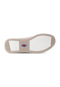 Beige schoenzool met een gestructureerd wit rubberen oppervlak met uitgesproken geometrische patronen en een merklogo in het midden.