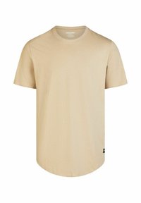 T-shirt in cotone beige a maniche corte, con scollo rotondo, orlo dritto e discreto etichetta del marchio in basso a sinistra. Texture liscia.