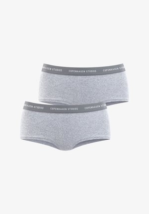 Gray cotton blend boyshorts with a heathered texture and a logoed elastic waistband in a darker gray. Two pairs shown, side by side.