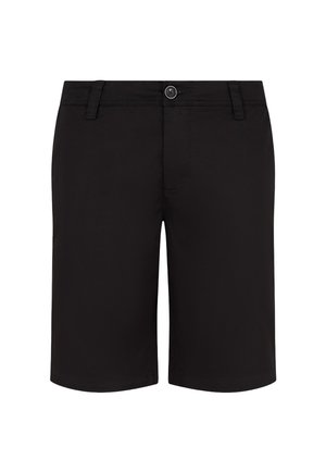 Černé šortky ke kolenům s poutky na pásek, předním knoflíkem a zapínáním na zip, zobrazené na jednobarevném bílém pozadí.