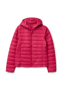 Červená prošívaná lehká bunda s kapucí, plným předním zipem a bočními kapsami, určená pro chladné počasí.