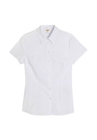 Camicia bianca a maniche corte con colletto rigido, realizzata in tessuto liscio. Presenta una forma aderente e sei bottoni trasparenti lungo il davanti.