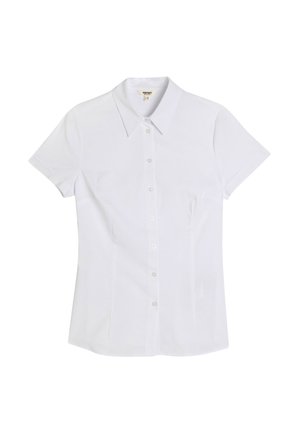 Camicia bianca a maniche corte con colletto rigido, realizzata in tessuto liscio. Presenta una forma aderente e sei bottoni trasparenti lungo il davanti.