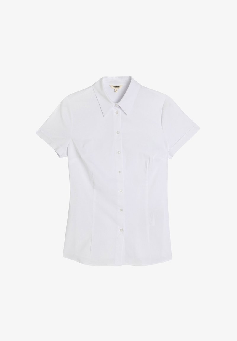 White short-sleeve button-up shirt with a crisp collar, made of smooth fabric. Features a fitted shape and six clear buttons down the front.
