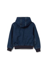 Sudadera de denim, color azul marino intenso, cintura y puños elásticos, capucha amplia, detalles de costura, textura suave, diseño casual.