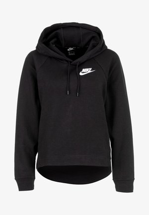 Sudadera negra de Nike con bolsillo canguro en la parte delantera, capucha ajustable con cordón, logo blanco en el pecho y un corte relajado con hombros caídos.