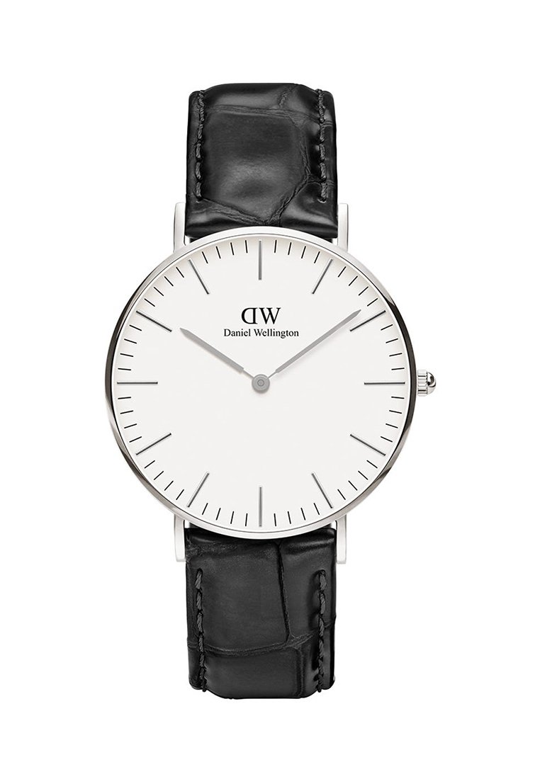 Runde Uhr mit einem Gehäuse aus silbernem Edelstahl, weißem Zifferblatt, schwarzem strukturiertem Lederarmband und minimalistischen schwarzen Stundenmarkierungen.