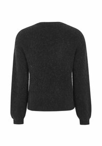 Must mustre arvutis, ümar kaelus, pikad varrukad ja pehme, karvane tekstuur. Puuduvad nähtavad logod või mustrid. Lihtne ja mitmekesine disain.