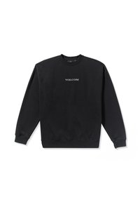Black sweatshirt made of cotton blend fabric. Features crew neckline, long sleeves, and front white "VOLCOM" logo. Ribbed cuffs and hem.