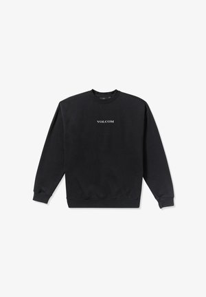 Black sweatshirt made of cotton blend fabric. Features crew neckline, long sleeves, and front white "VOLCOM" logo. Ribbed cuffs and hem.