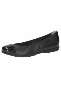 Bailarinas de cuero negro con punta de charol. Cuentan con una forma redondeada y una suela de goma flexible y de bajo perfil. Diseño sencillo.