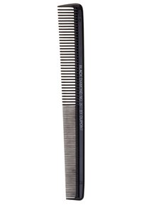 Black comb with narrow and wide teeth, made of plastic. Features straight edges, lightweight design, and engraved branding.