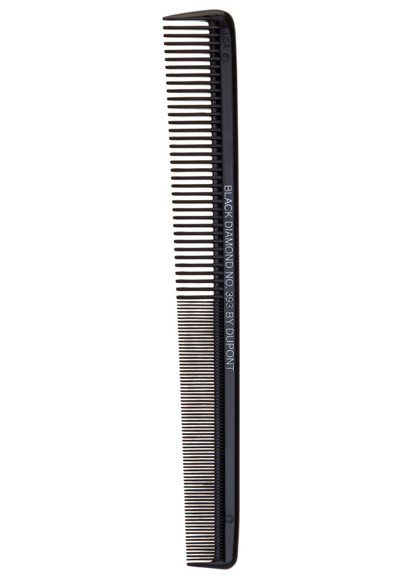 Black comb with narrow and wide teeth, made of plastic. Features straight edges, lightweight design, and engraved branding.