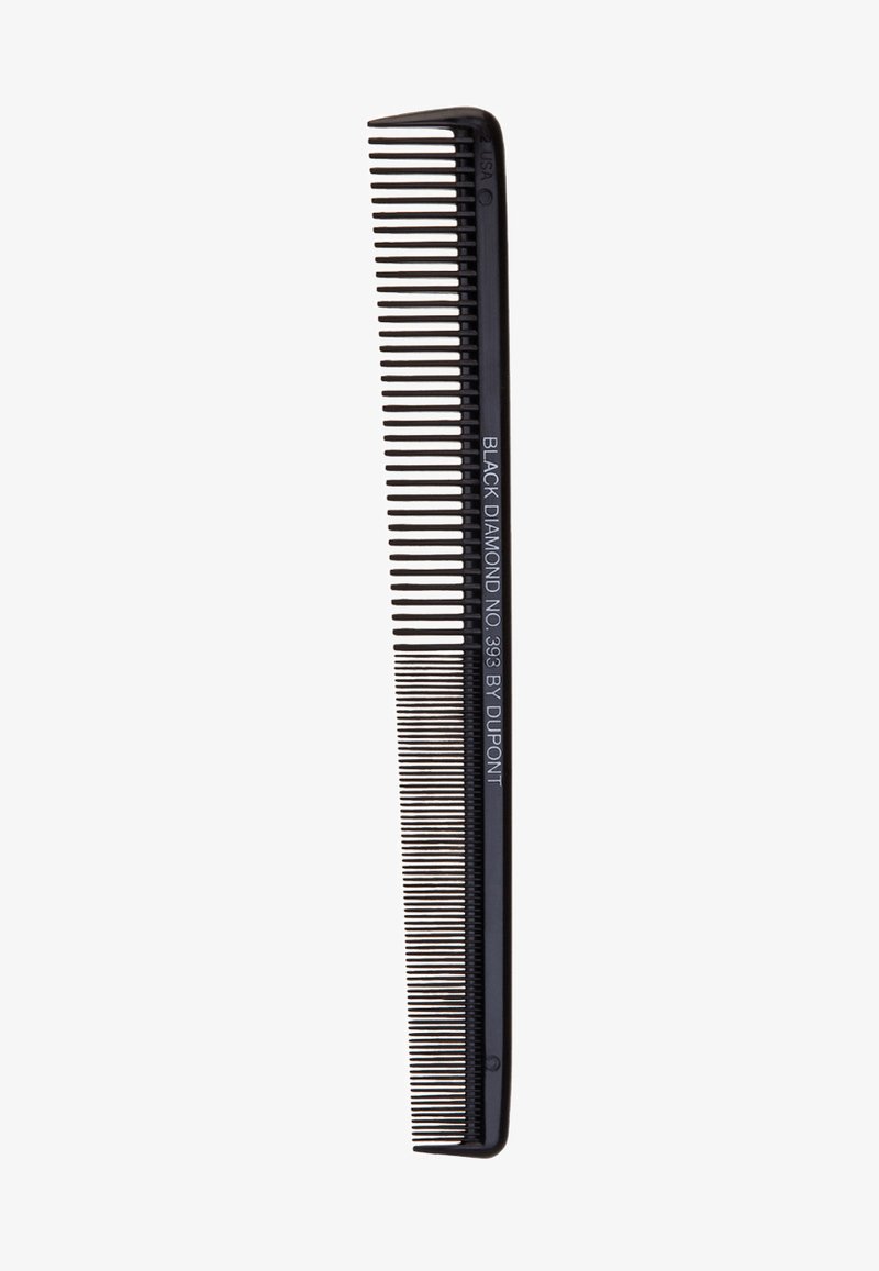 Black comb with narrow and wide teeth, made of plastic. Features straight edges, lightweight design, and engraved branding.