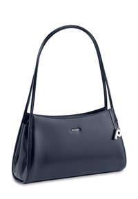 Zwarte leren handtas met dubbele handvatten, zilveren "Picard"-logo aan de voorkant en een kleine zilveren sleutelhanger bevestigd aan één handvat.