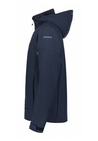 Veste softshell bleue marine avec capuche, présentant une texture lisse, des poches zippées et des poignets Velcro pour un ajustement réglable. Marque sur l'épaule.