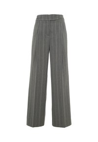 Pantaloni grigi a gamba larga con righe verticali e vita alta. Realizzati in un tessuto testurizzato, presentano una silhouette su misura.