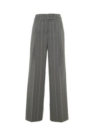Pantaloni grigi a gamba larga con righe verticali e vita alta. Realizzati in un tessuto testurizzato, presentano una silhouette su misura.